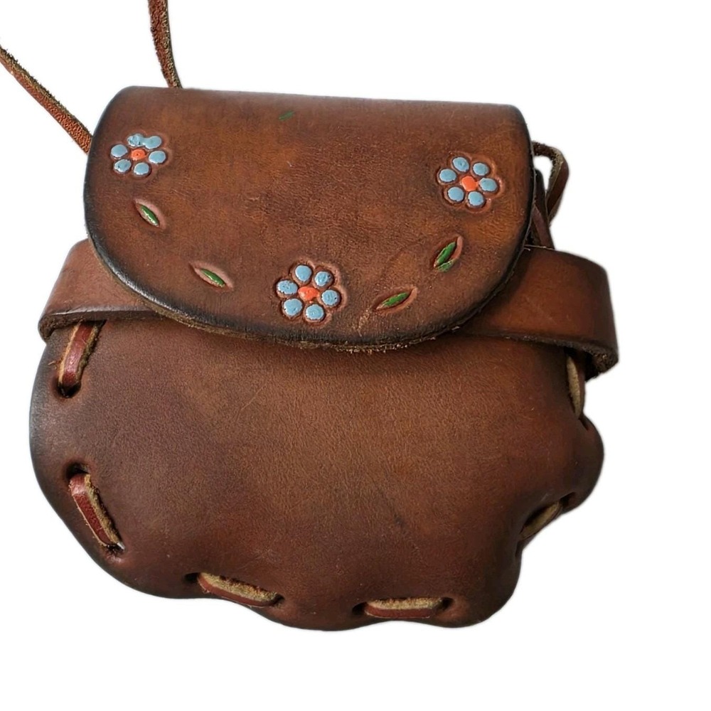 Vtg 70s Tooled Leather Child Mini Purse Painted Flower Hippie Boho Crossbody Bag